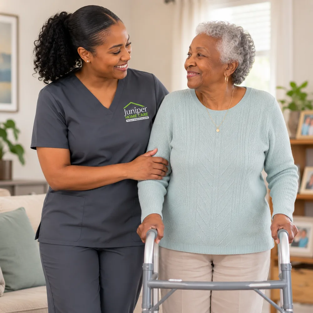 A Juniper Home Care caregiver walking with a senior client