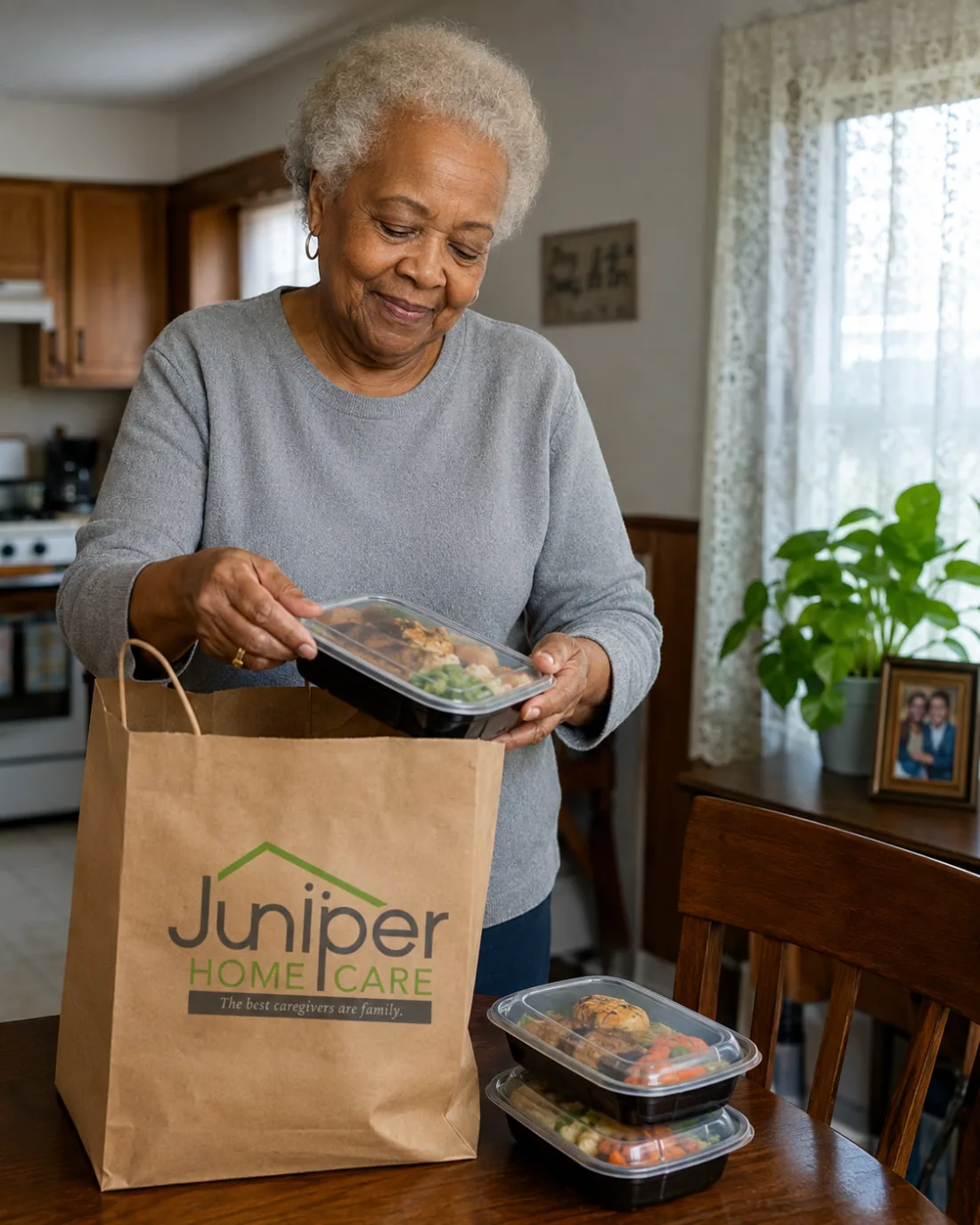 A Juniper Home Care driver handing a fresh meal to a senior client at home
